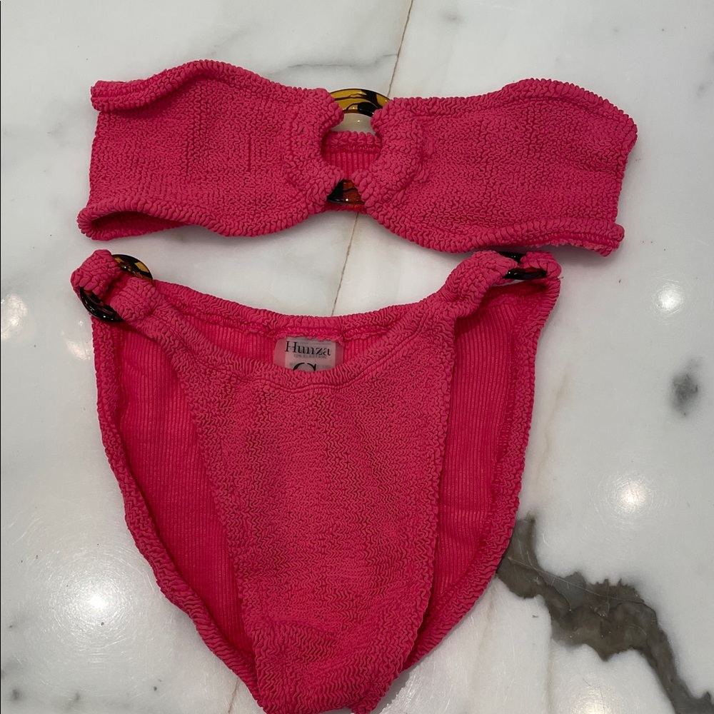 Hunza G Vibrant Hot Pink Textured Bandeau Bikini with Tortoise Rings